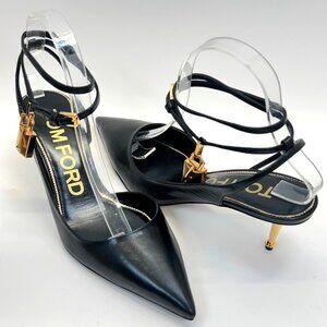 Tom Ford Padlock Black Leather Heels Women Pointed Toe Golden Kitty Heel Size 39
